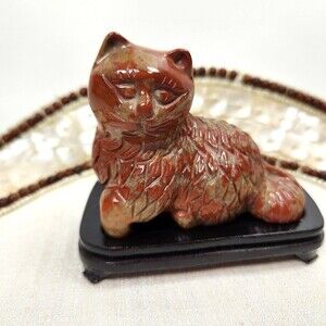 Hand Carved Jasper Cat Figurine Wood Stand 3" Mineral Kitten